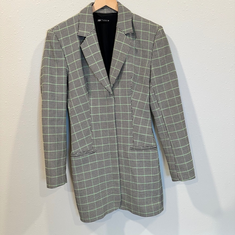 Zara Houndstooth Blazer Dress‎ Women Size S Green Plaid Officecore Dark Academia - Picture 2 of 16